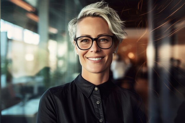 Eine Frau mit Brille steht vor einem Fenster mit verschwommenem Hintergrund.