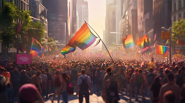 Foto eine frau mit brille und blauem kapuzenpullover hält eine regenbogenfahne in die luft.