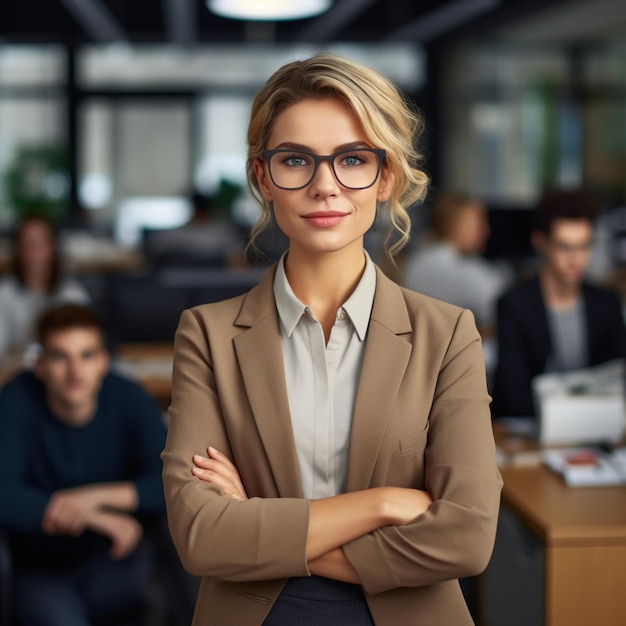 eine Frau mit Brille und brauner Jacke steht vor einem Computerbildschirm.