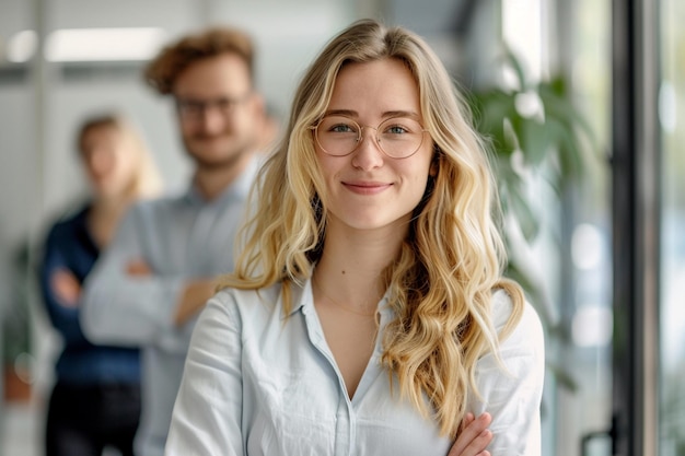 Foto eine frau mit brille und ein mann im hintergrund