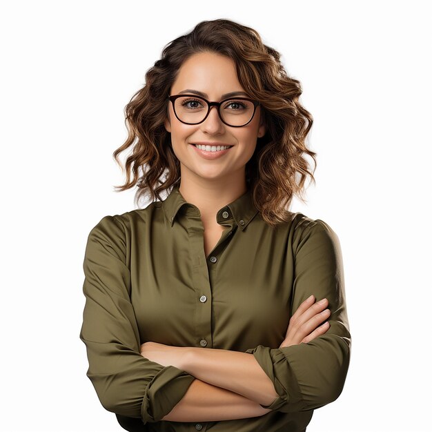 eine Frau mit Brille und einem grünen Hemd mit einem Lächeln, auf dem steht: "Sie trägt Brille".