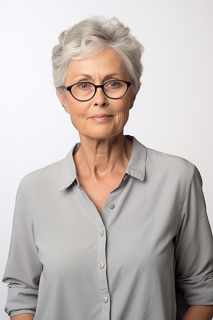 Foto eine frau mit brille und einem hemd mit einem hemd, auf dem steht e