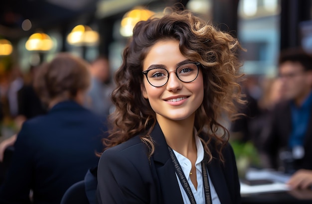 Eine Frau mit Brille und einer Schnur mit einer Schnur um den Hals.