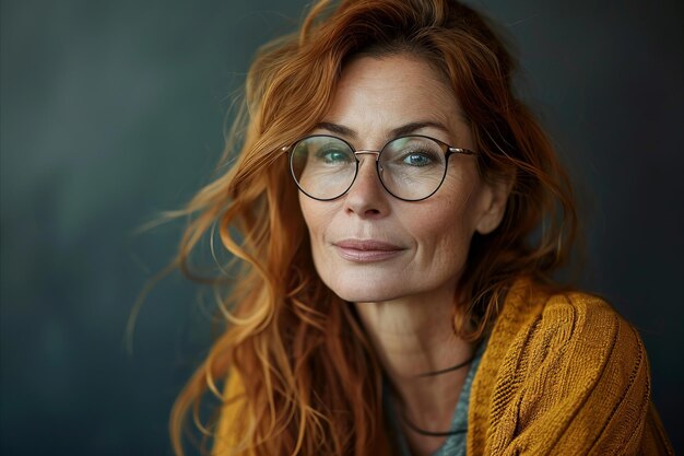 Eine Frau mit Brille und gelbem Pullover