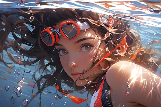 eine Frau mit Brille und rotem Badeanzug unter Wasser.