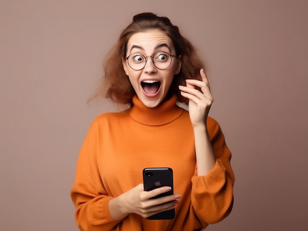 Eine Frau mit Brille und Telefon in der Hand ist überrascht.