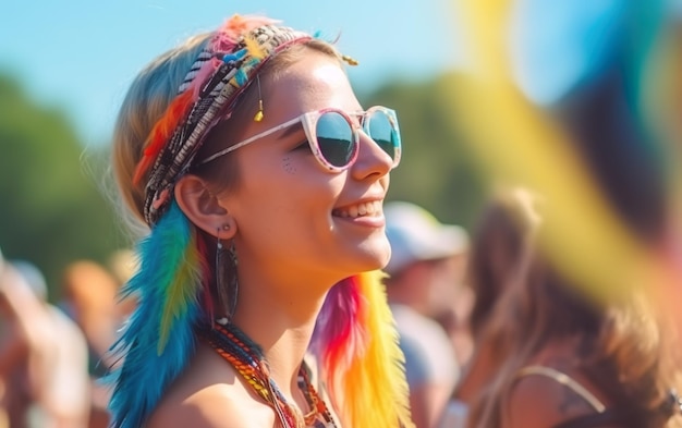 Eine Frau mit bunten Haaren steht mit Sonnenbrille und Regenbogenstirnband vor einer Menschenmenge.