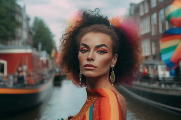Eine Frau mit bunten Haaren steht vor einem Kanal in Amsterdam