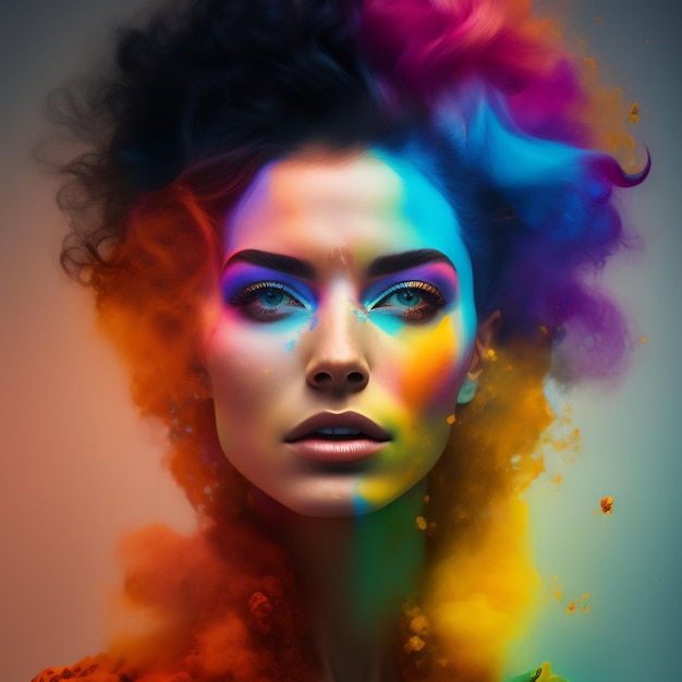 Eine Frau mit bunten Haaren und einem regenbogenfarbenen Gesicht.
