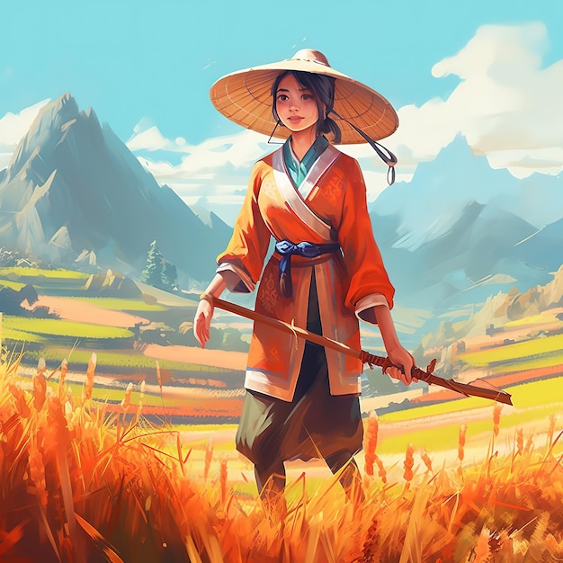 Eine Frau mit chinesischem Hut steht auf einem Feld mit Bergen im Hintergrund.