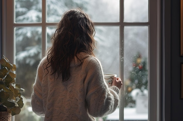 Eine Frau mit dem Rücken zu einer Tasse Kaffee beobachtet, wie es außerhalb des Fensters schneit