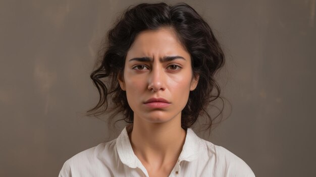 Eine Frau mit dunklen Haaren und einem weißen Hemd