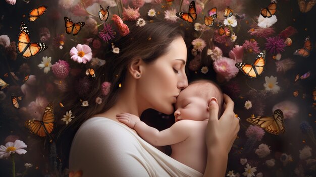 Eine Frau mit einem Baby auf dem Kopf und einem Schmetterling auf der Brust.