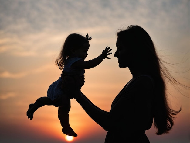 eine Frau mit einem Baby auf den Schultern hält ihren Kopf in der Luft hoch