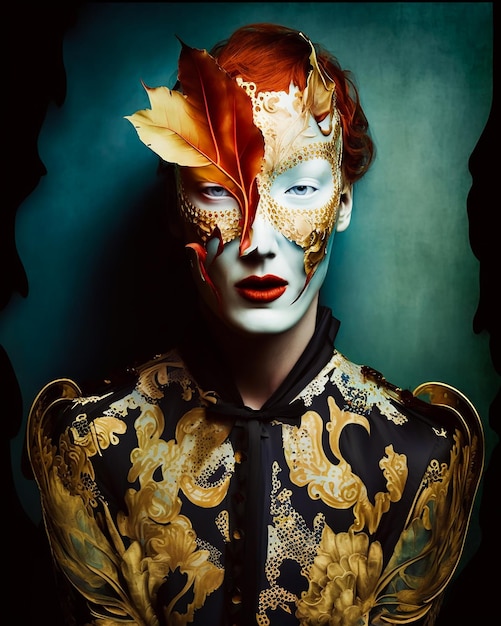 Eine Frau mit einem Blattgold im Gesicht trägt eine gold-weiße Maske