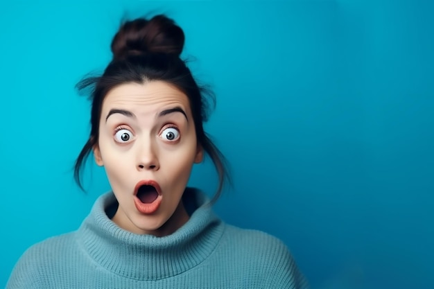 Eine Frau mit einem blauen Pullover und einem blauen Pullover mit einem überraschten Gesichtsausdruck