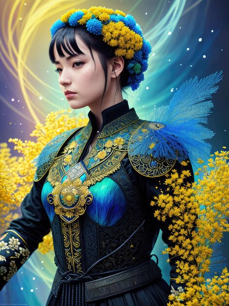 Eine Frau mit einem blauen Stirnband und einer gelben Blume im Haar