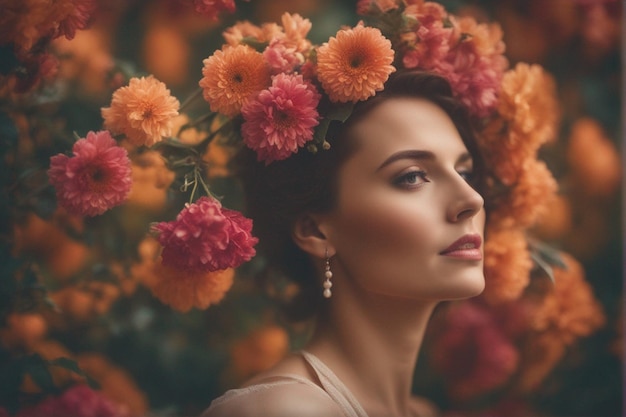 eine Frau mit einem Blumenkränz auf dem Kopf