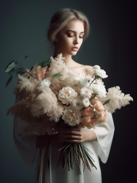 eine Frau mit einem Blumenstrauß in den Händen.