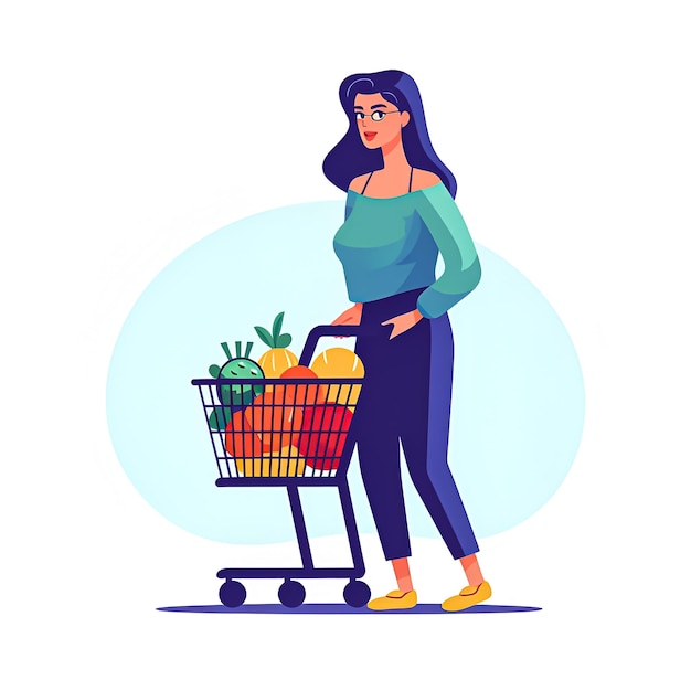 Eine Frau mit einem Einkaufswagen, auf dem steht: „Sie trägt einen Obstkorb“.