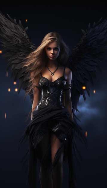eine Frau mit einem Engel auf dem Rücken steht in einem dunklen Raum.