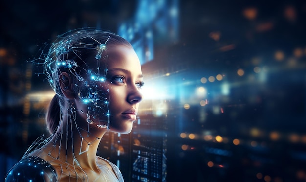 Eine Frau mit einem futuristischen Kopf und den Worten Technologie in den Händen