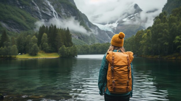 Eine Frau mit einem gelben Rucksack steht am Wasser ai