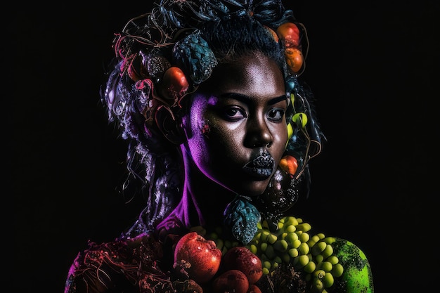 Eine Frau mit einem Gesicht voller Obst und Gemüse