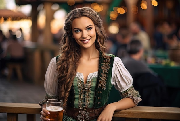 eine Frau mit einem Glas Bier im Stil von Hellgrün und dunklem Azurblau