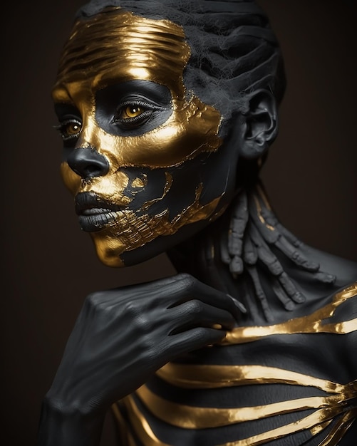Eine Frau mit einem goldbemalten Gesicht und schwarzer Farbe im Gesicht