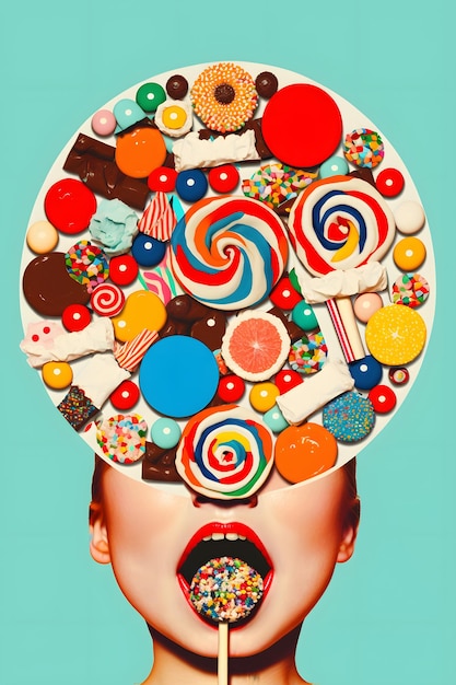 Eine Frau mit einem großen Kopf voller Süßigkeiten und einem großen Süßigkeitenkopf.