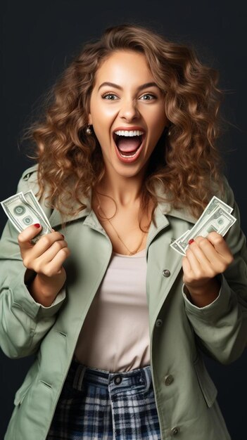 eine Frau mit einem großen Lächeln, die Geld in ihren Händen hält