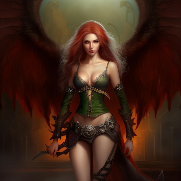 Foto eine frau mit einem grünen kleid am körper steht vor einem dunklen hintergrund mit einem roten geflügelten engel in der mitte.