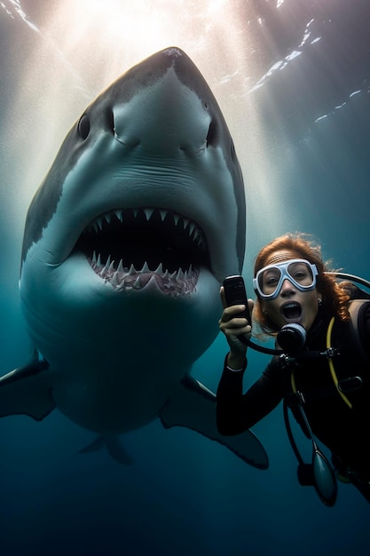 Eine Frau mit einem Hai taucht in das Wasser Generative KI-Tier