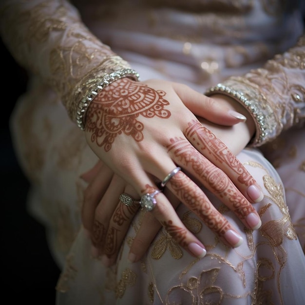eine Frau mit einem Henna-Tattoo auf der Hand trägt ein Kleid, auf dem steht Henna