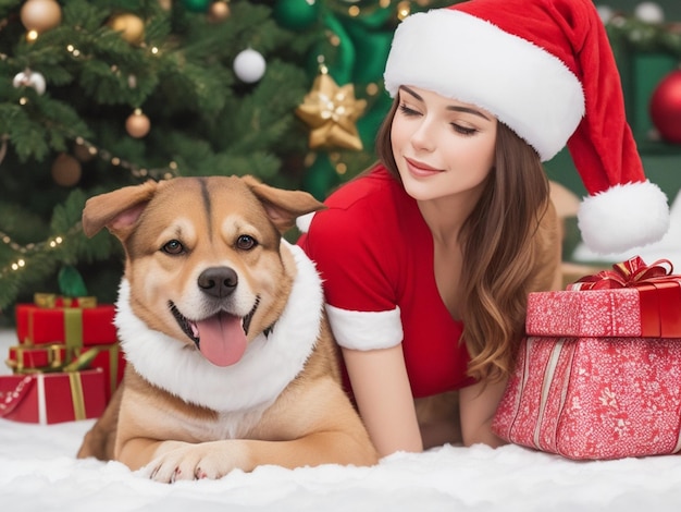 Eine Frau mit einem Hund in einem Weihnachtshut liegt auf einem Hintergrund von Geschenken