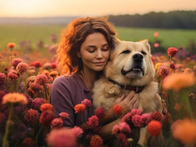 eine Frau mit einem Hund und einem Blumenfeld