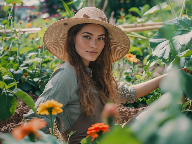 Eine Frau mit einem Hut ist in Büschen mit Blumen