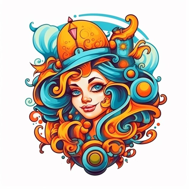 eine Frau mit einem Hut und einem Fisch auf dem Kopf