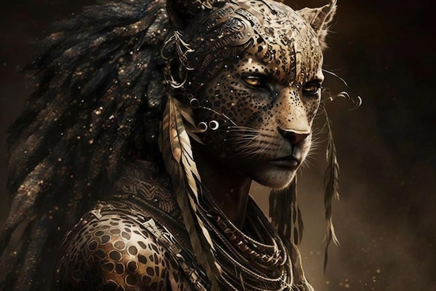 Eine Frau mit einem Jaguarkopf und einem großen Kopf und einer großen schwarzen Katze darauf.