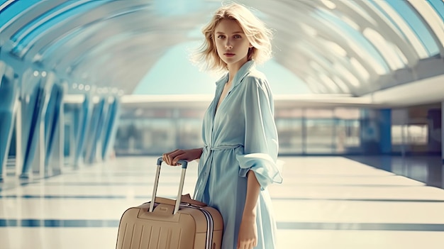 Eine Frau mit einem Koffer auf einem Flughafen Generative Ai