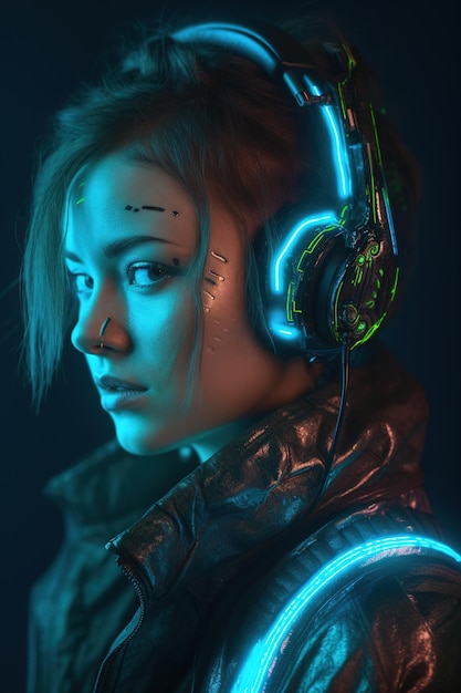 Eine Frau mit einem Kopfhörer in Neonfarben