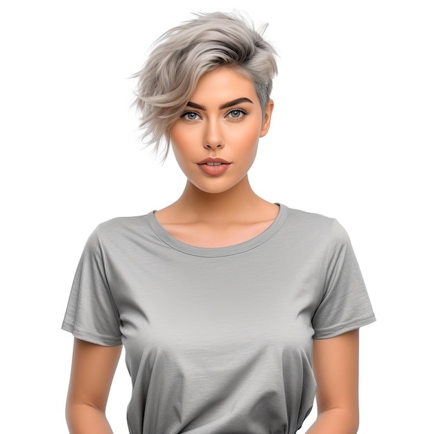 Eine Frau mit einem kurzen Haarschnitt und einem grauen T-Shirt.