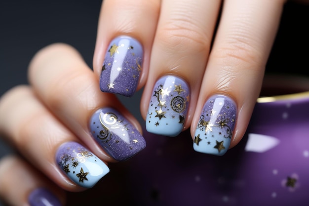 eine Frau mit einem lila Nailart-Design auf ihren Nägeln