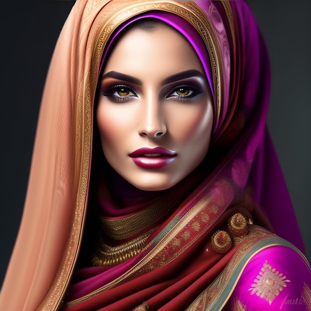 Eine Frau mit einem lila Schal auf dem Kopf und einem lila-goldenen Schal.