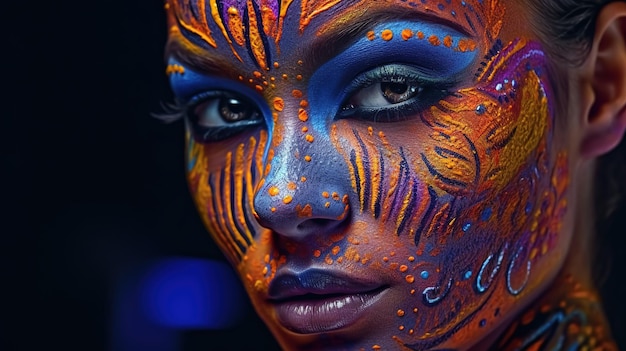 Eine Frau mit einem mit blauer und orangefarbener Farbe bemalten Gesicht.