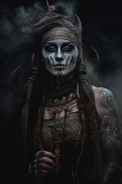 Eine Frau mit einem mit einem Totenkopf bemalten Gesicht und einem schwarz-weißen Gesicht mit einem darauf aufgemalten Totenkopf.