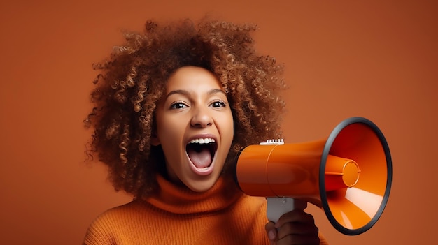 Eine Frau mit einem orangefarbenen Megaphon und einem roten Hintergrund