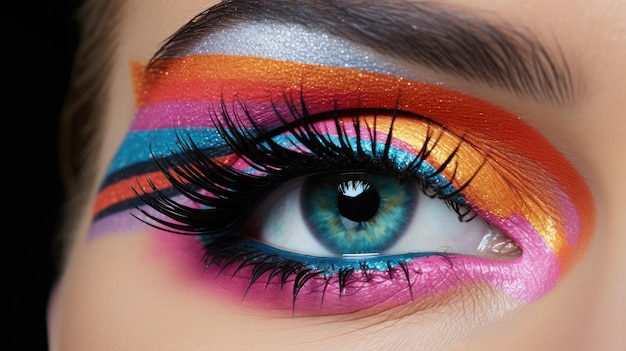 eine Frau mit einem regenbogenfarbenen Augenmake-up und einem blauen Auge.