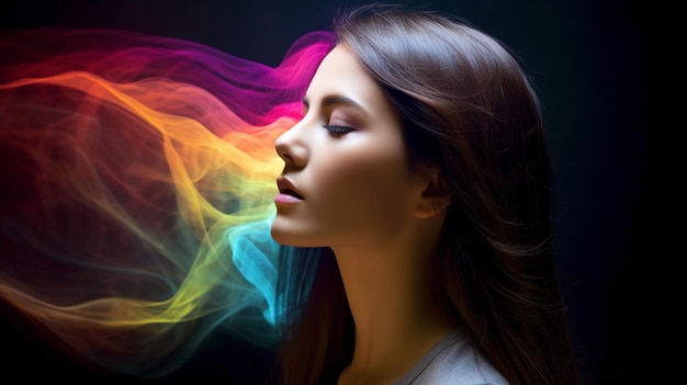 eine Frau mit einem regenbogenfarbenen Licht hinter ihrem Kopf